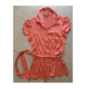 Bebe red and white polka dot silk button down shirt blouse Size XS